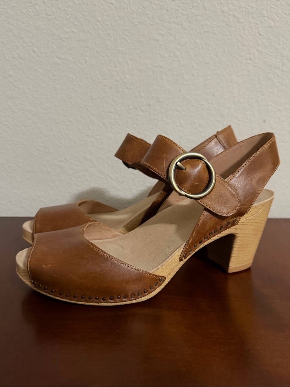 Dansko Brown Leather Peep-Toe Slingback Heels with Gold Buckle